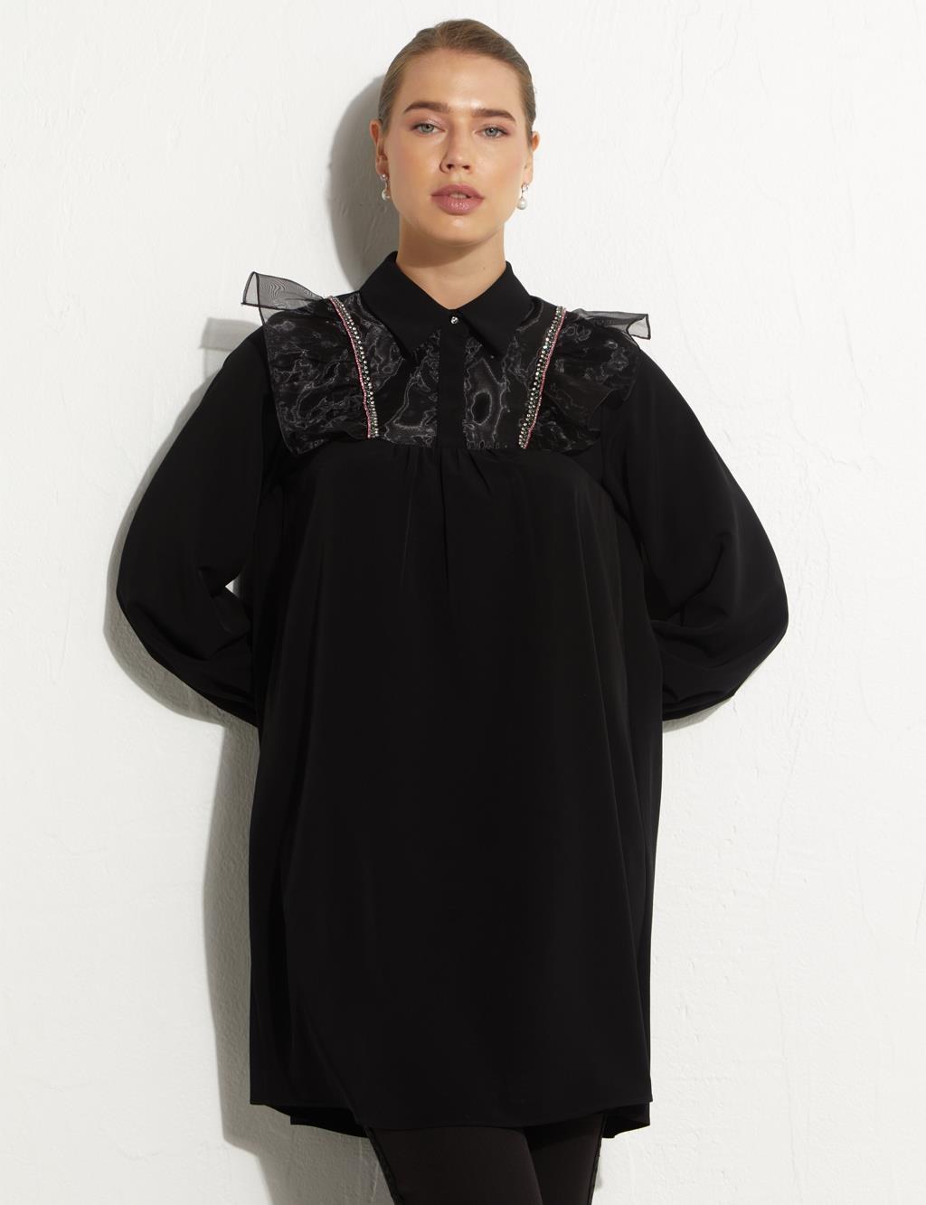 Embroidered Tulle Detailed Tunic Black