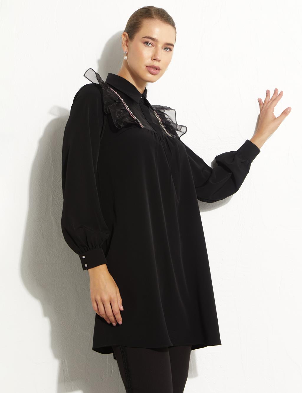 Embroidered Tulle Detailed Tunic Black