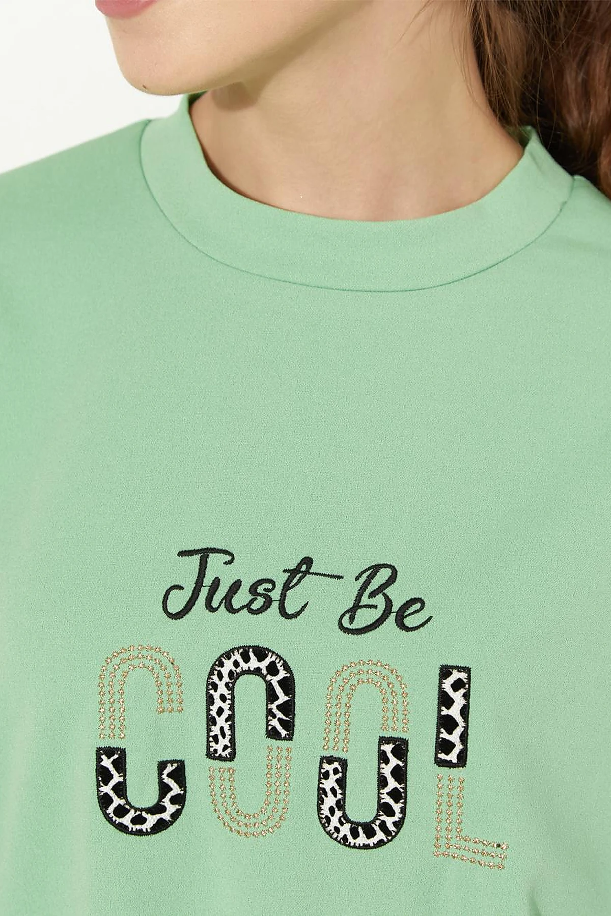 Slogan Embroidered Sweat Light Green