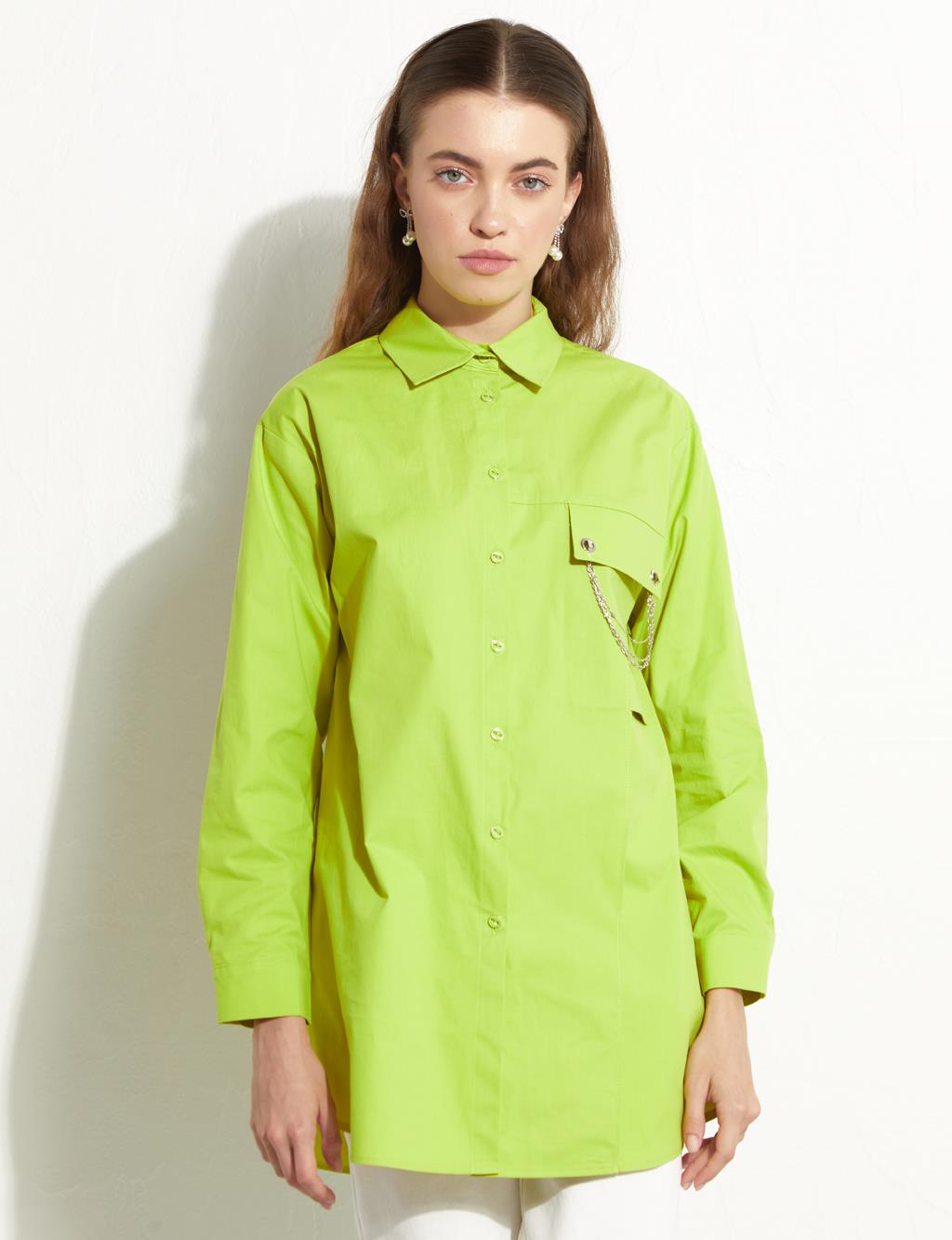 Zincirli Cep Detaylı Gömlek Fıstık Yeşili