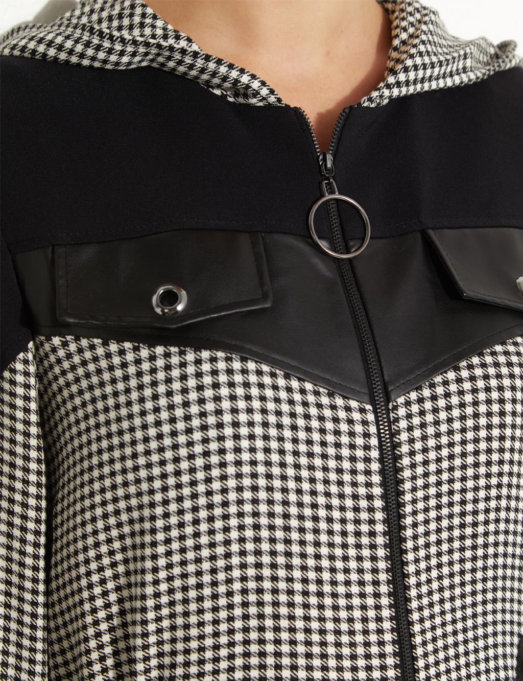 Houndstooth Patterned Trench Coat Black-White