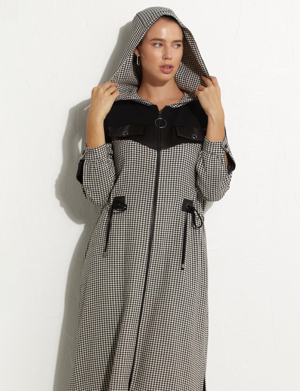 Houndstooth Patterned Trench Coat Black-White