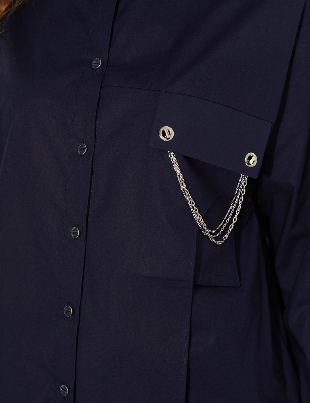 Chain Pocket Detailed Shirt Dark Navy