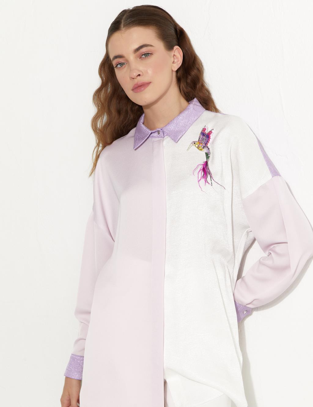 Bird Figured Satin Tunic L.Lilac