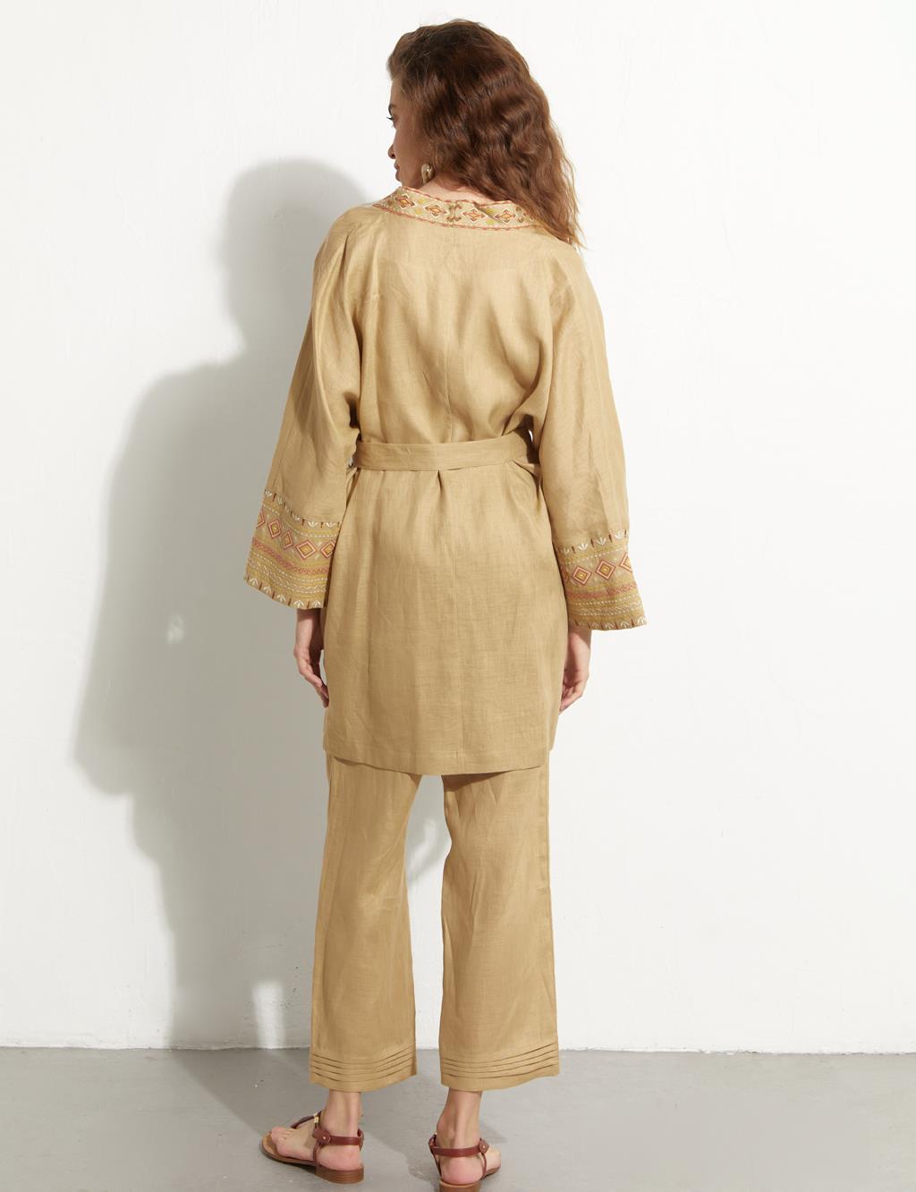 Embroidered Linen Jacket Pants Suit Beige