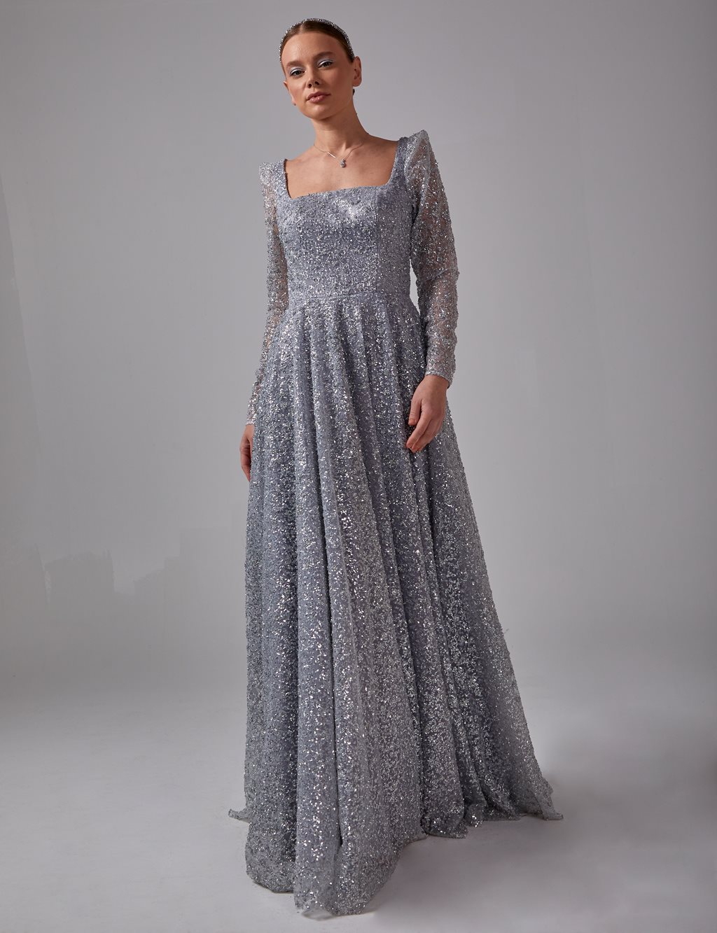 Glittering Square Neck Evening Dress Grey