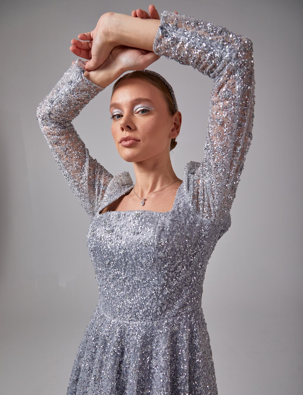 Glittering Square Neck Evening Dress Grey