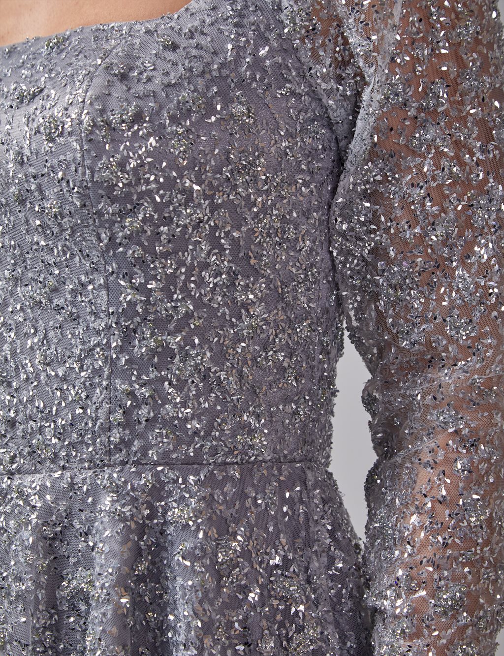Glittering Square Neck Evening Dress Grey
