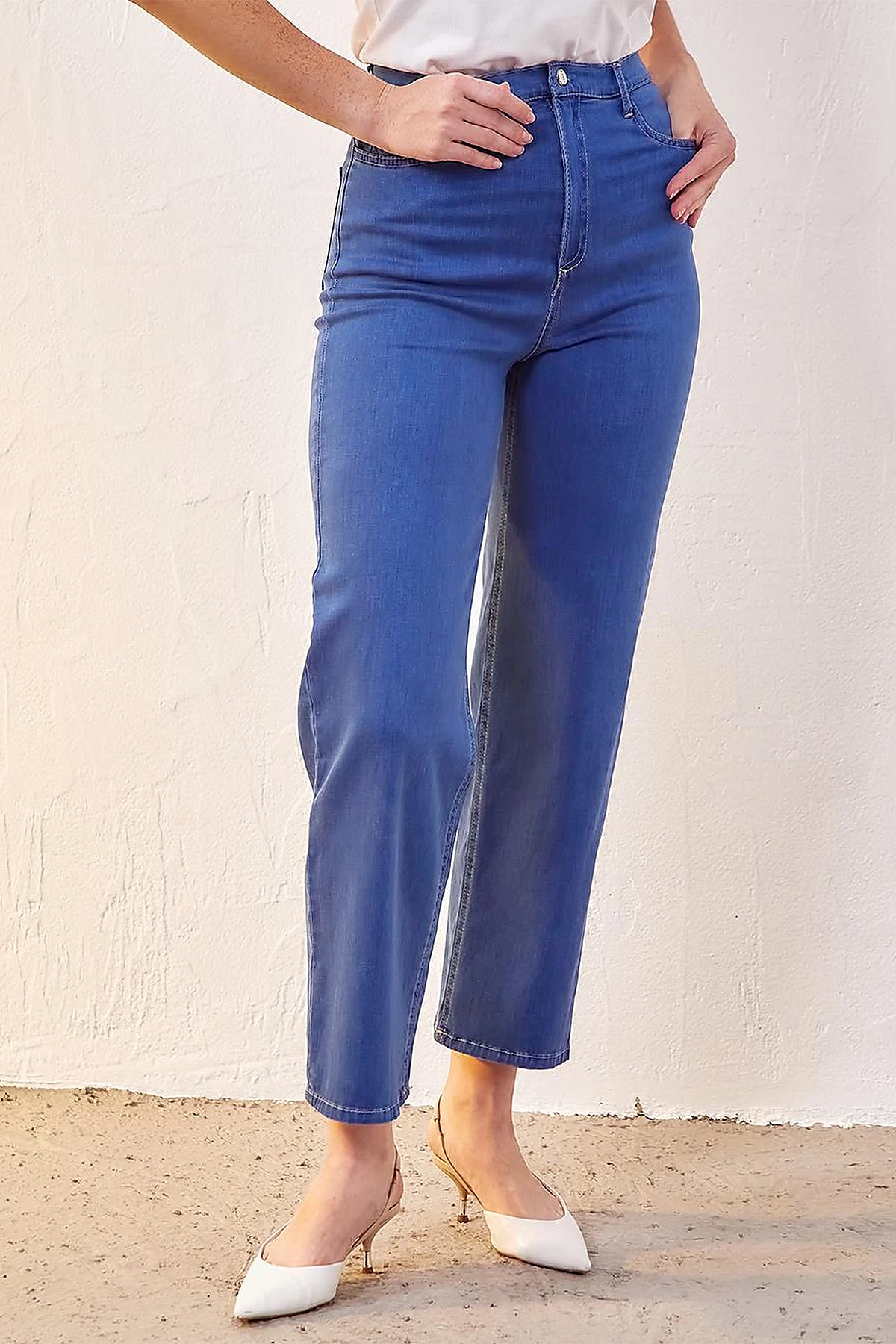 Bol Paça Eskitme Denim Pantolon Mavi