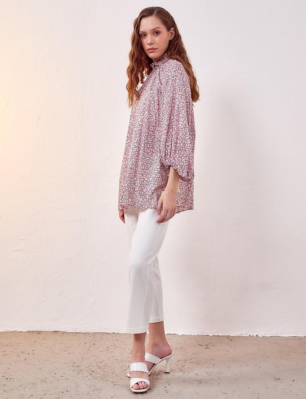 Floral Patterned Balloon Sleeve Blouse Candy Pink