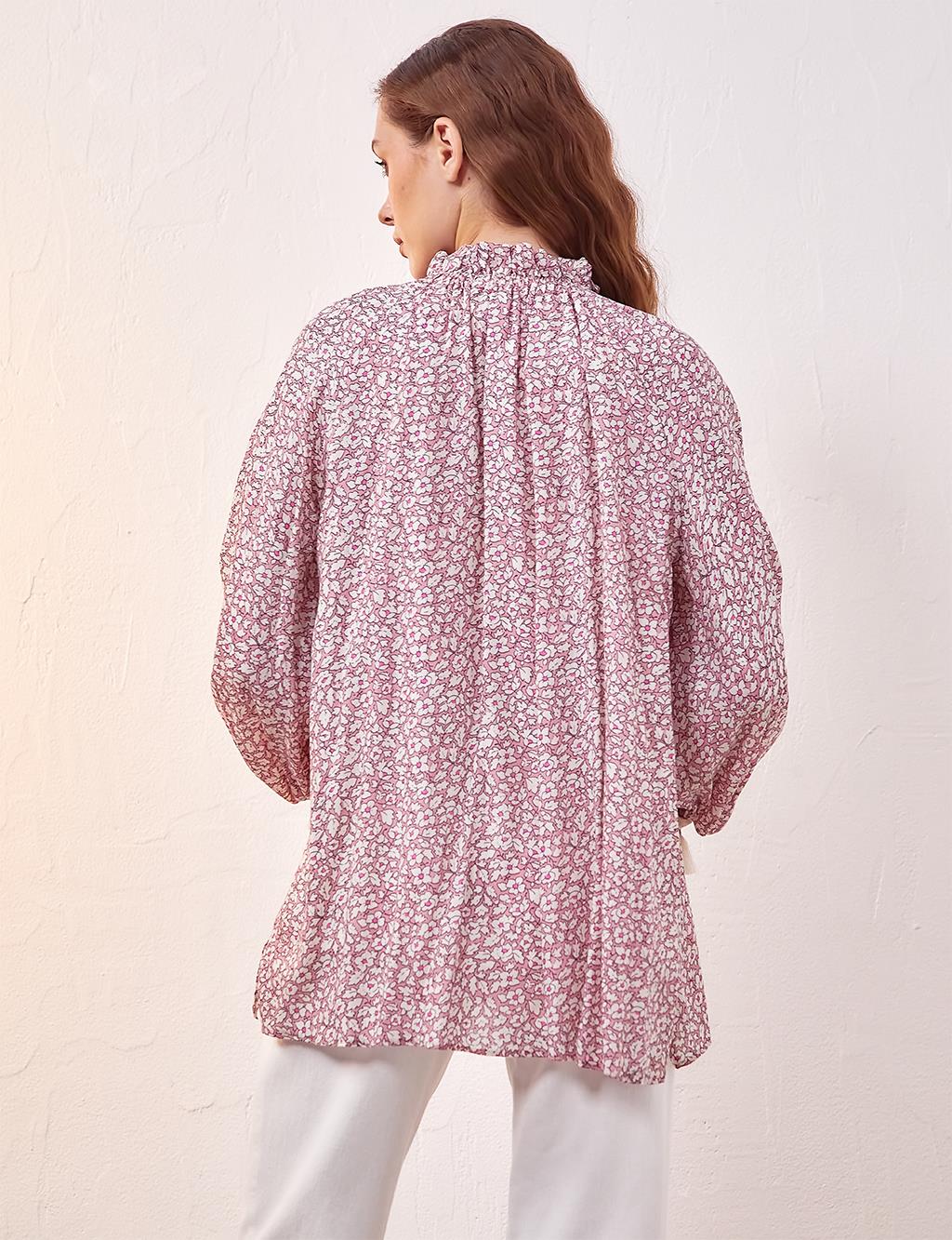 Floral Patterned Balloon Sleeve Blouse Candy Pink