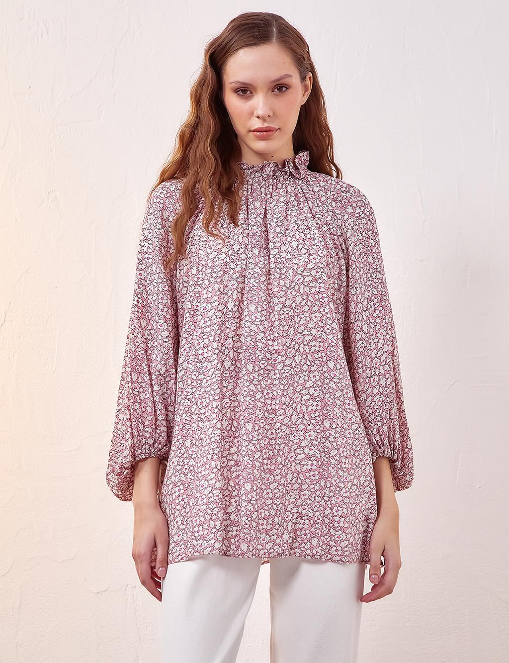 Floral Patterned Balloon Sleeve Blouse Candy Pink