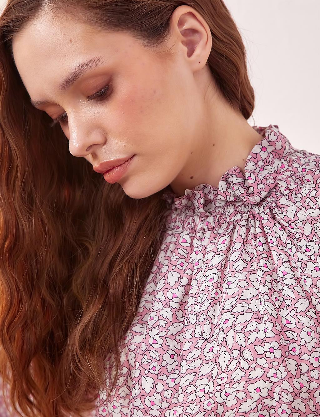 Floral Patterned Balloon Sleeve Blouse Candy Pink