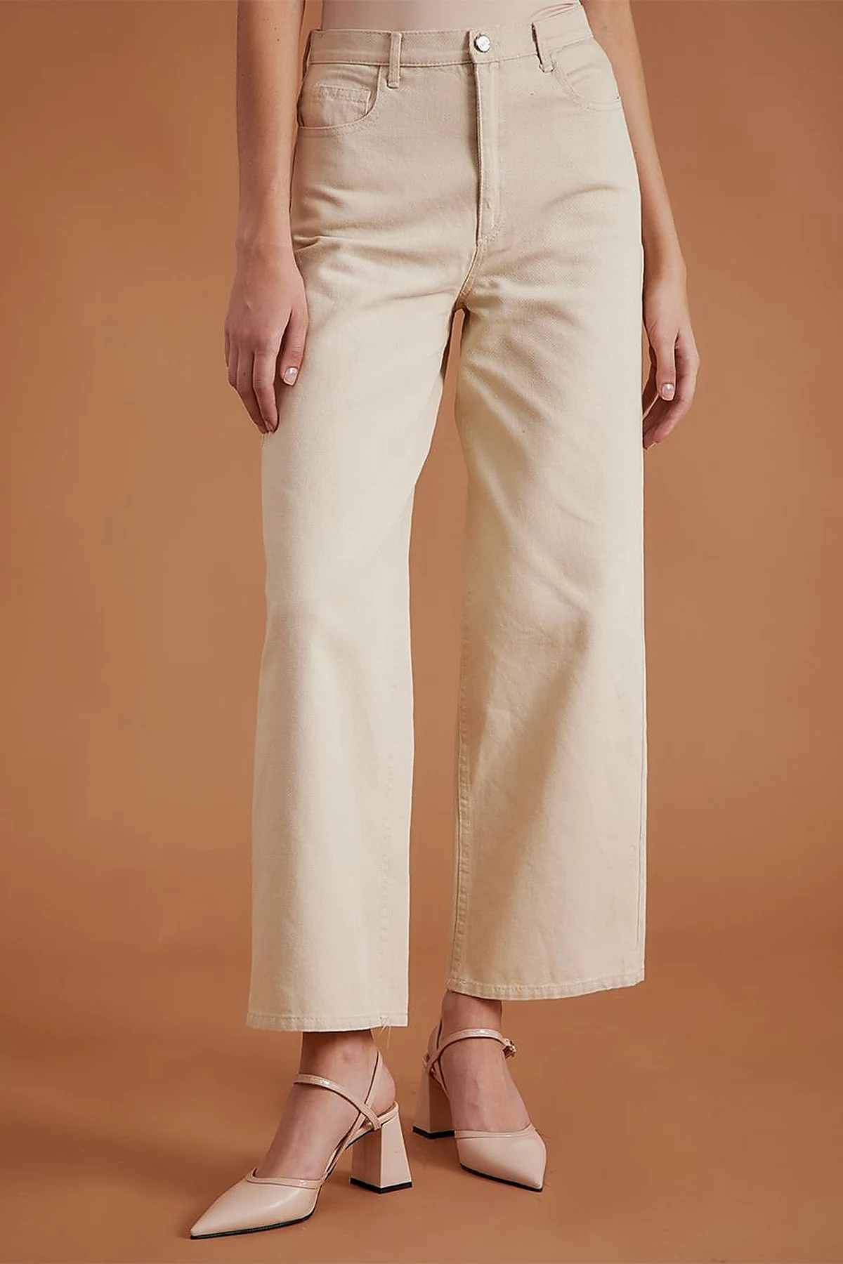 Bol Paça Eskitme Denim Pantolon Krem