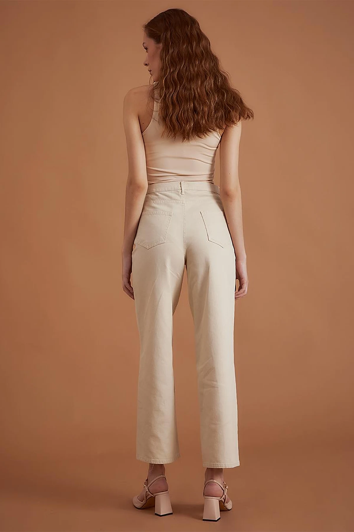 Bol Paça Eskitme Denim Pantolon Krem