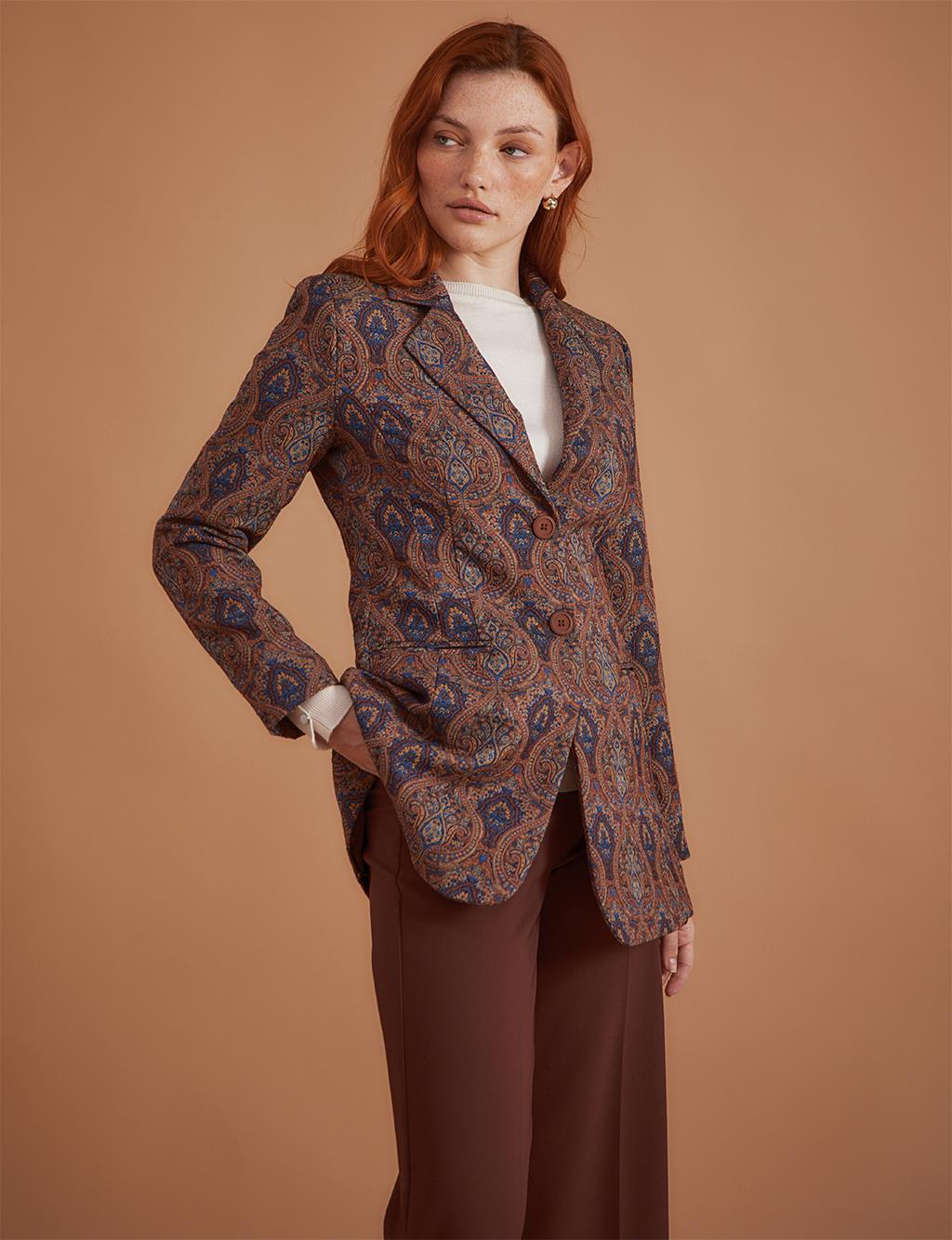 Ethnic Patterned Blazer Jacket Brown