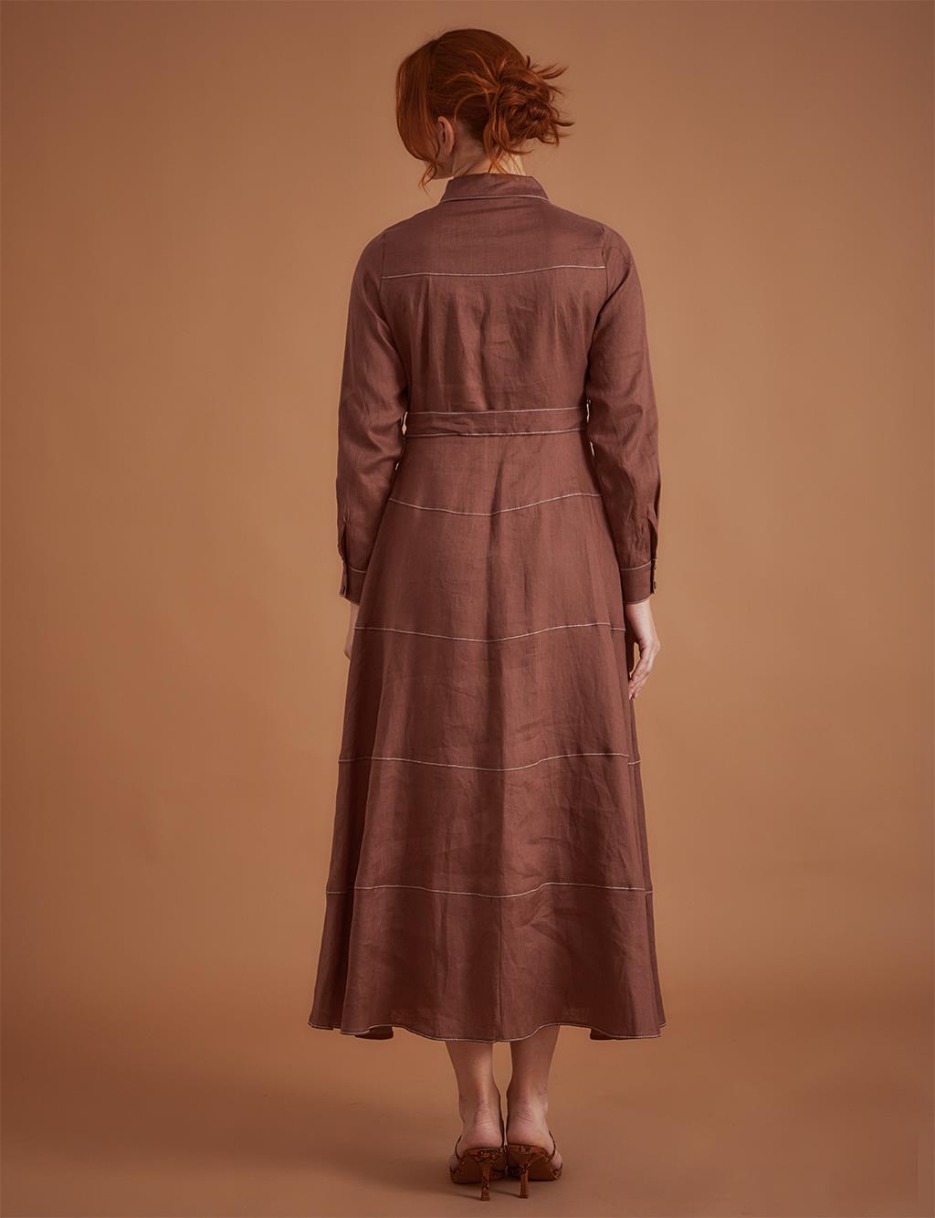 Punto Stitched Linen Maxi Dress Brown