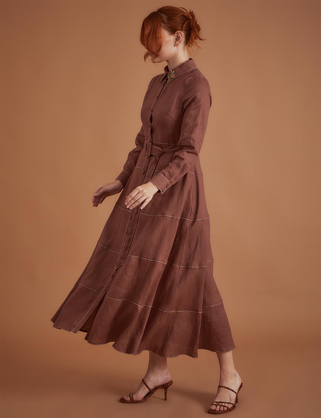 Punto Stitched Linen Maxi Dress Brown