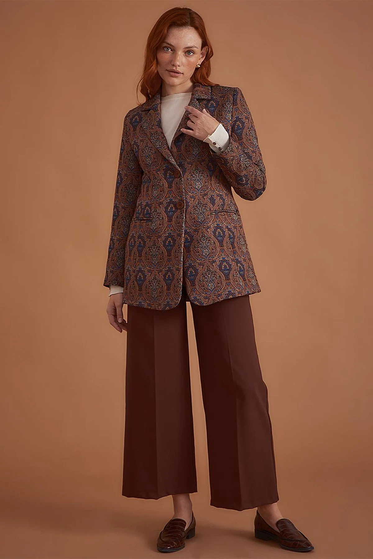 Etnik Desenli Blazer Ceket Kahve