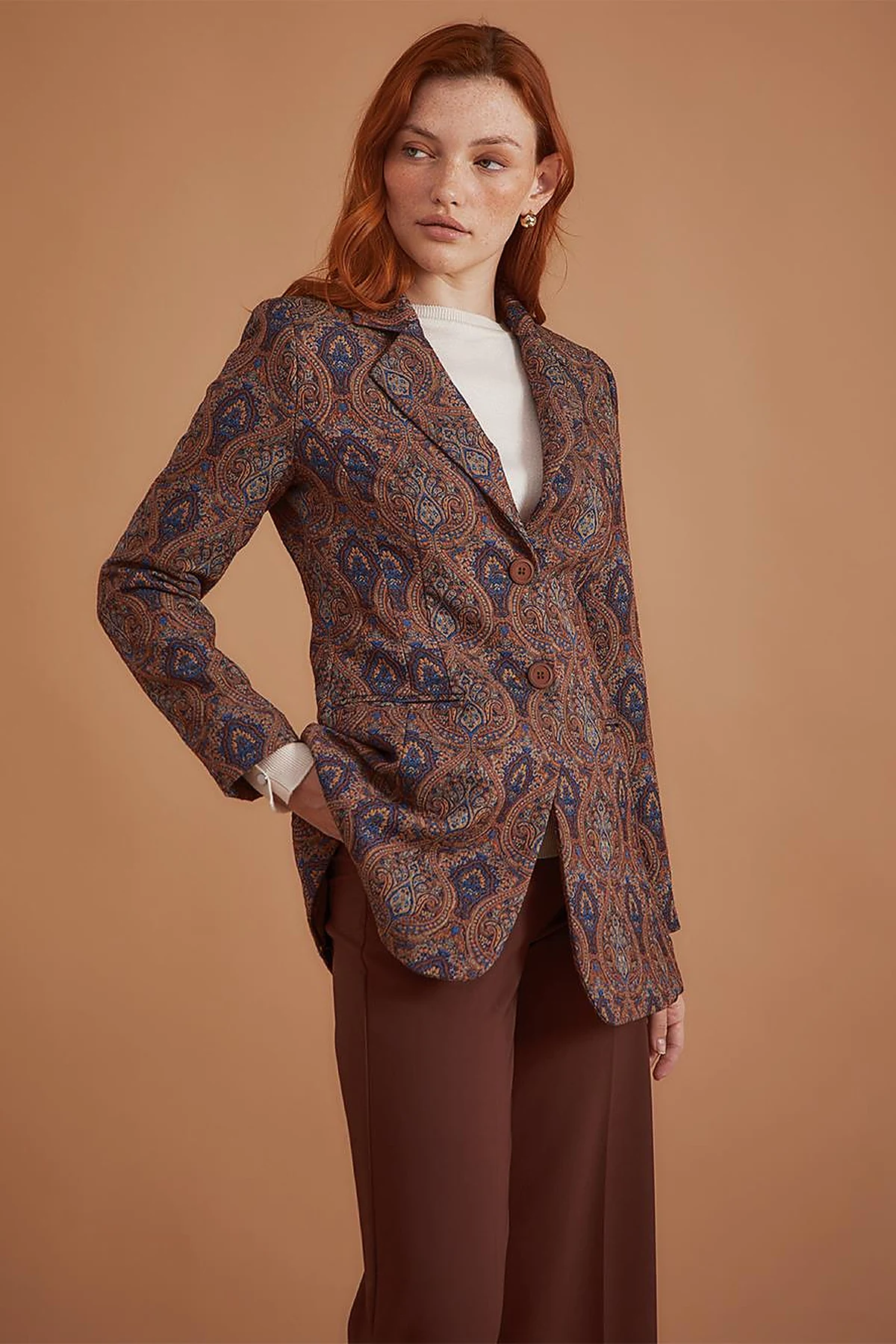Etnik Desenli Blazer Ceket Kahve