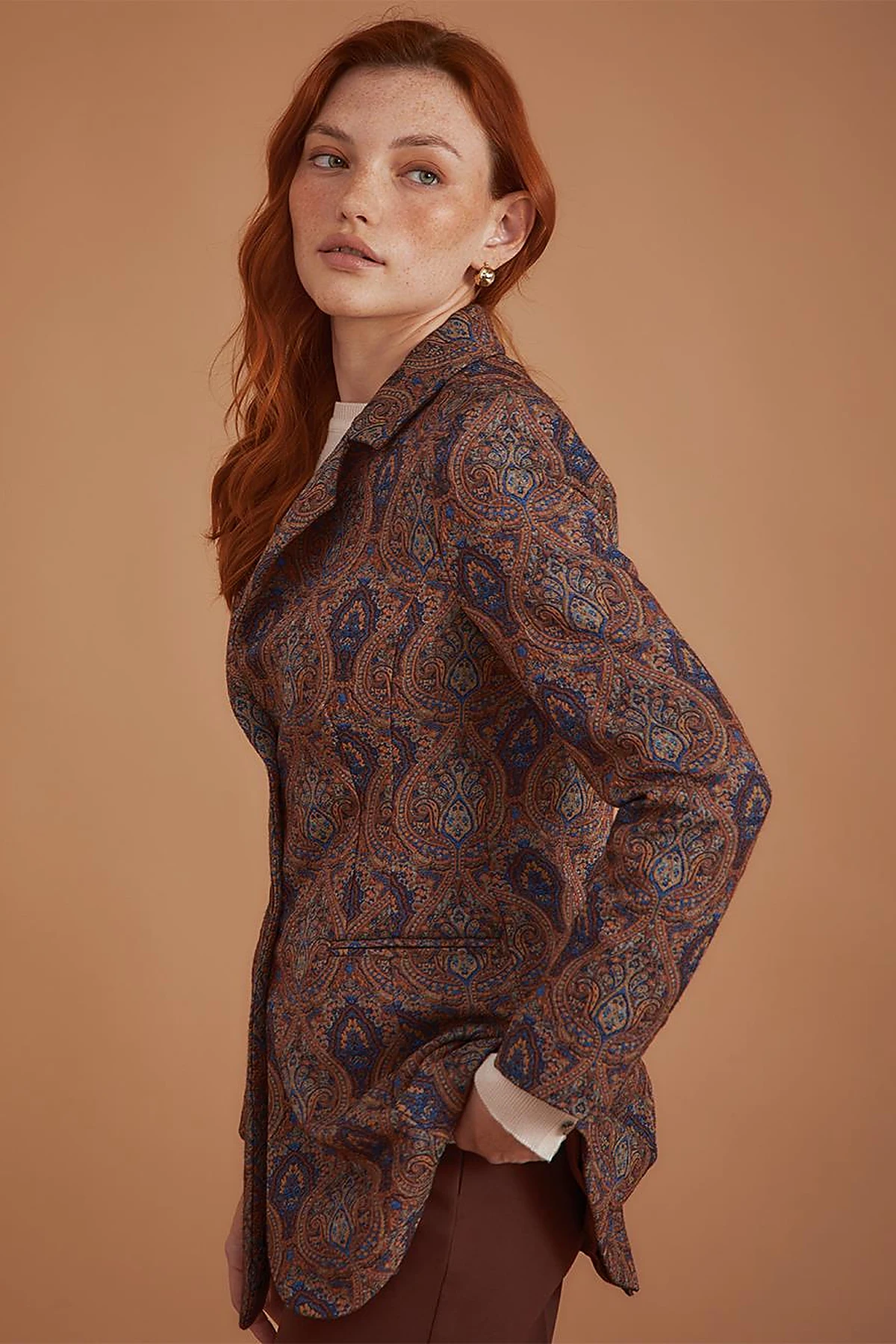 Etnik Desenli Blazer Ceket Kahve