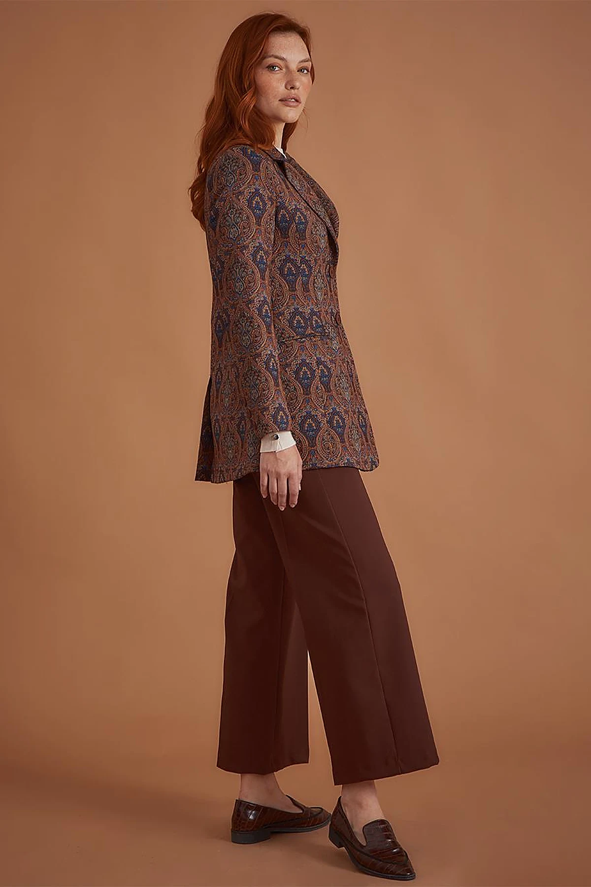 Etnik Desenli Blazer Ceket Kahve