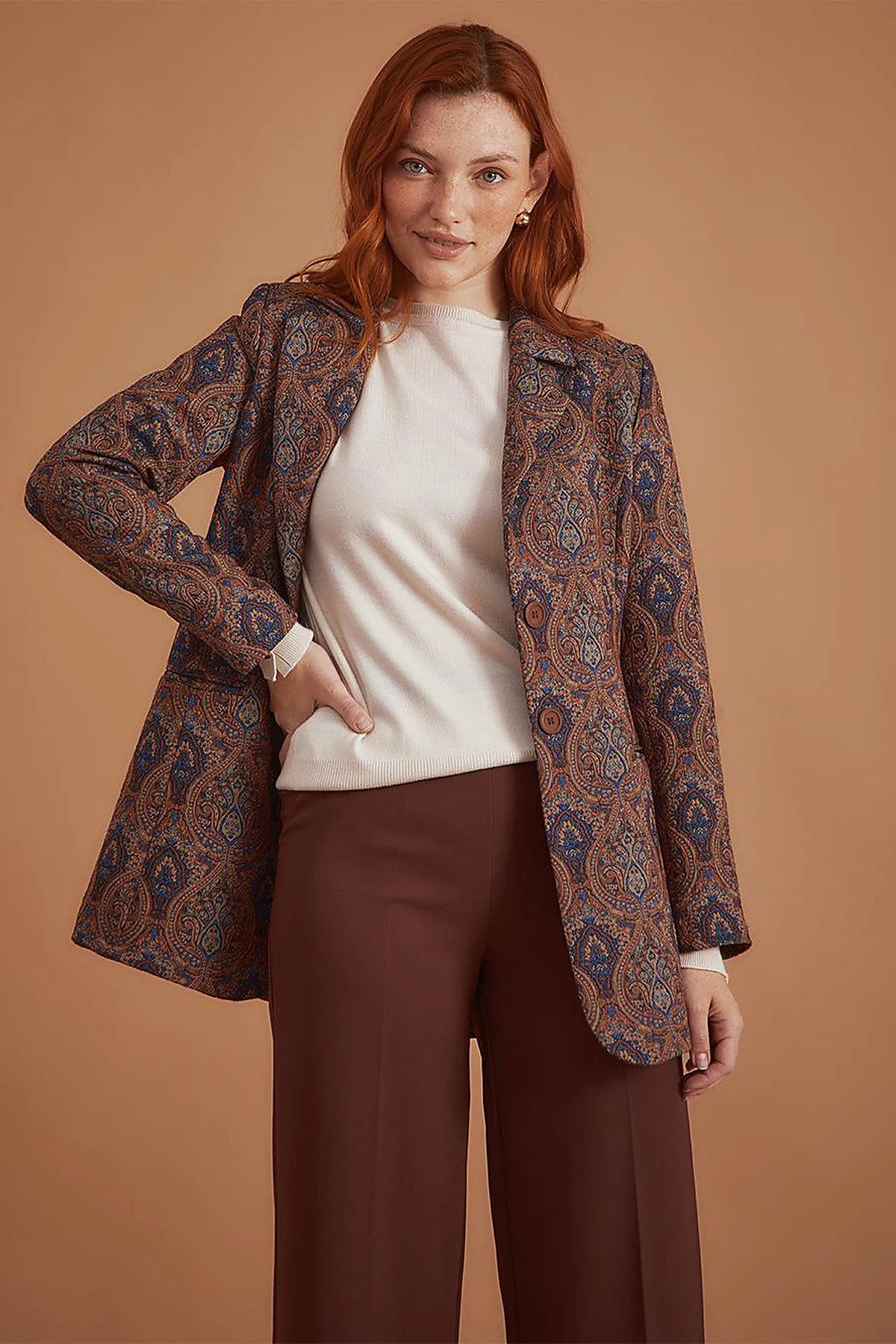 Etnik Desenli Blazer Ceket Kahve