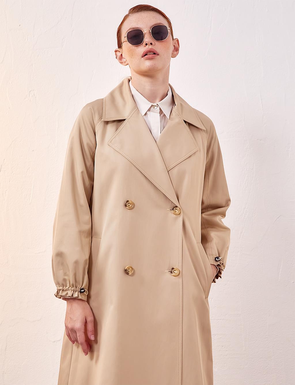 Pleated Ankle Oversized Trench Coat Beige
