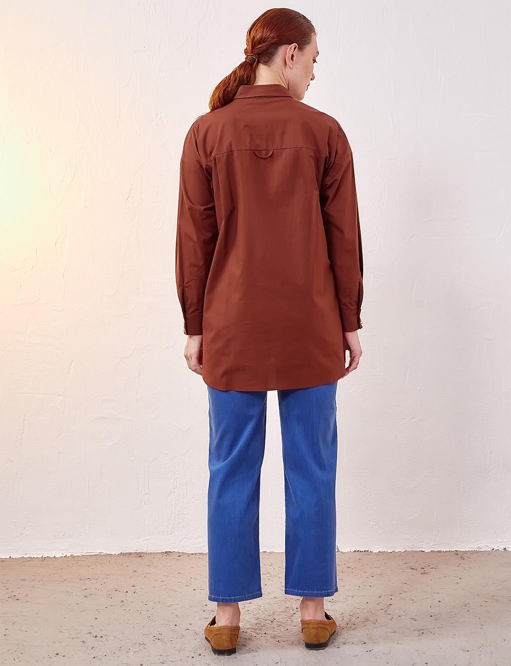 Hidden Placket Basic Tunic Red Brown