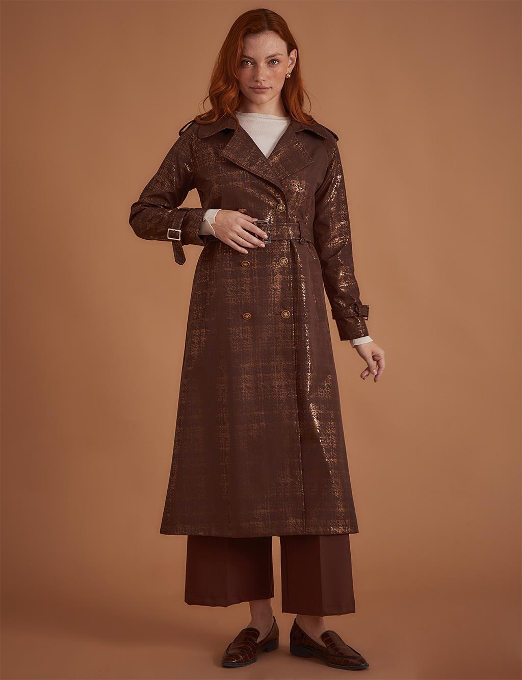 Jacquard Double Breasted Trench Coat Dark Brown