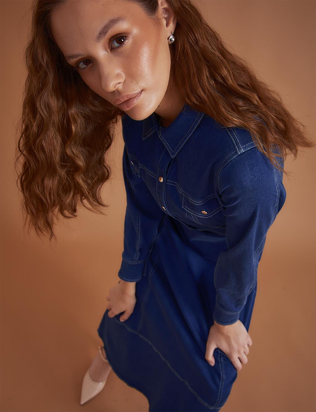 Punto Dikişli Maksi Denim Elbise Lacivert