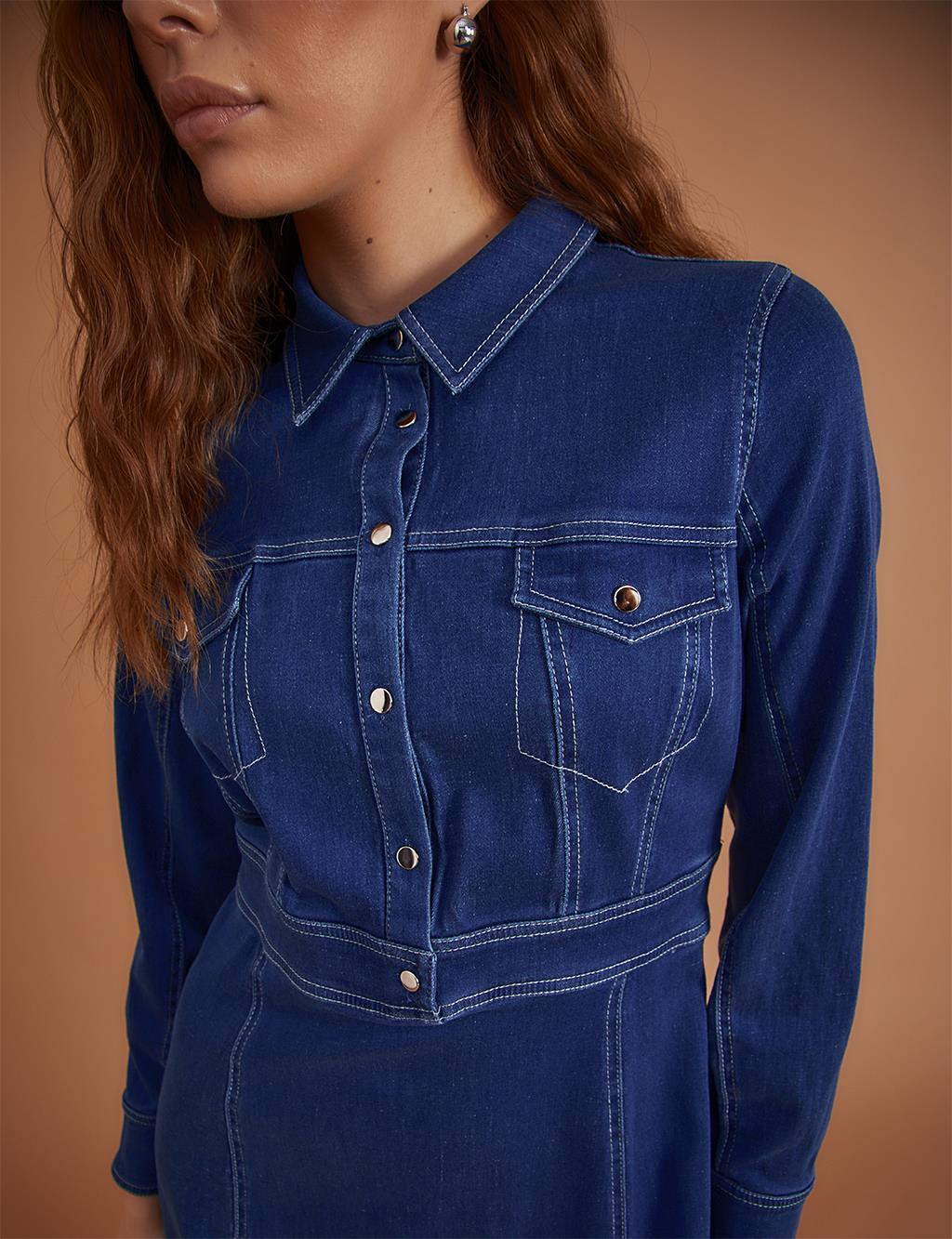 Punto Dikişli Maksi Denim Elbise Lacivert