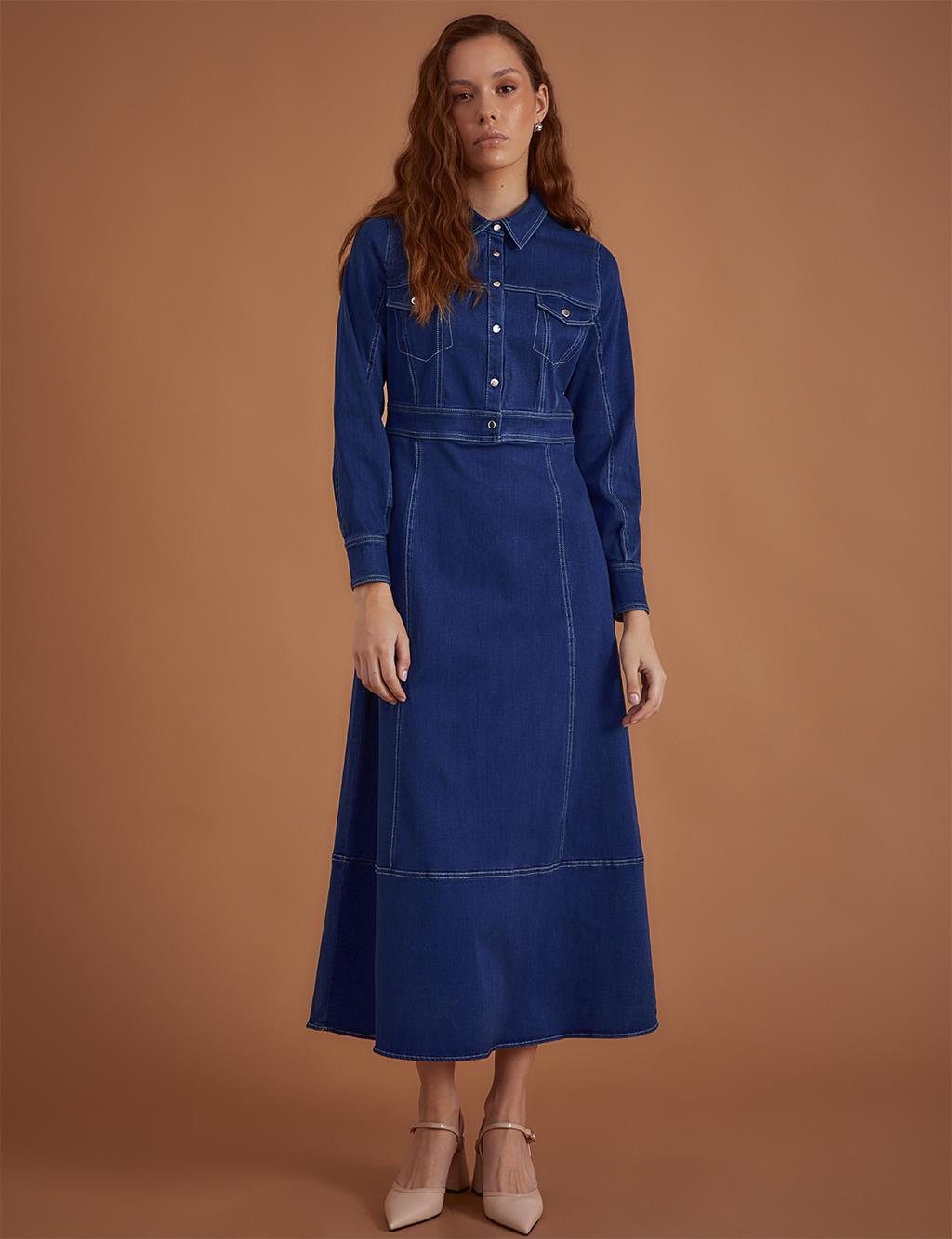 Punto Dikişli Maksi Denim Elbise Lacivert