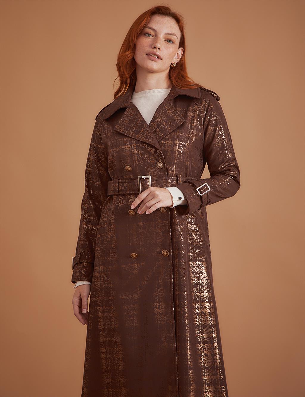 Jacquard Double Breasted Trench Coat Dark Brown