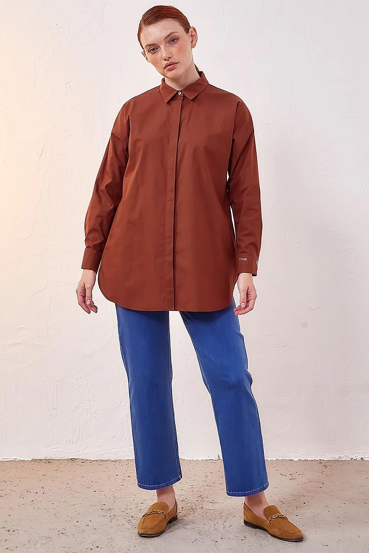 Hidden Placket Basic Tunic Red Brown