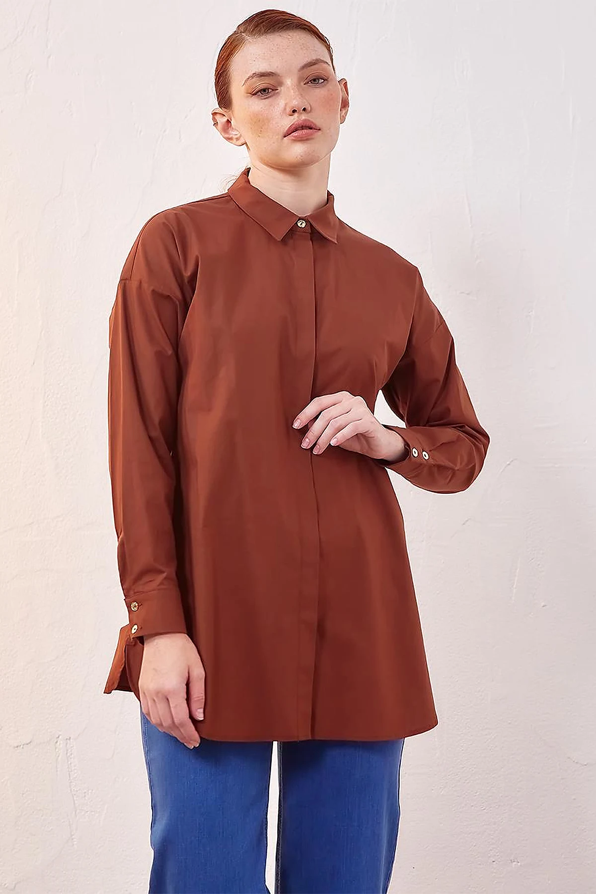 Hidden Placket Basic Tunic Red Brown