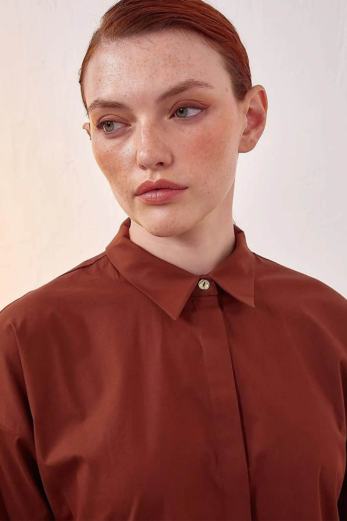 Hidden Placket Basic Tunic Red Brown