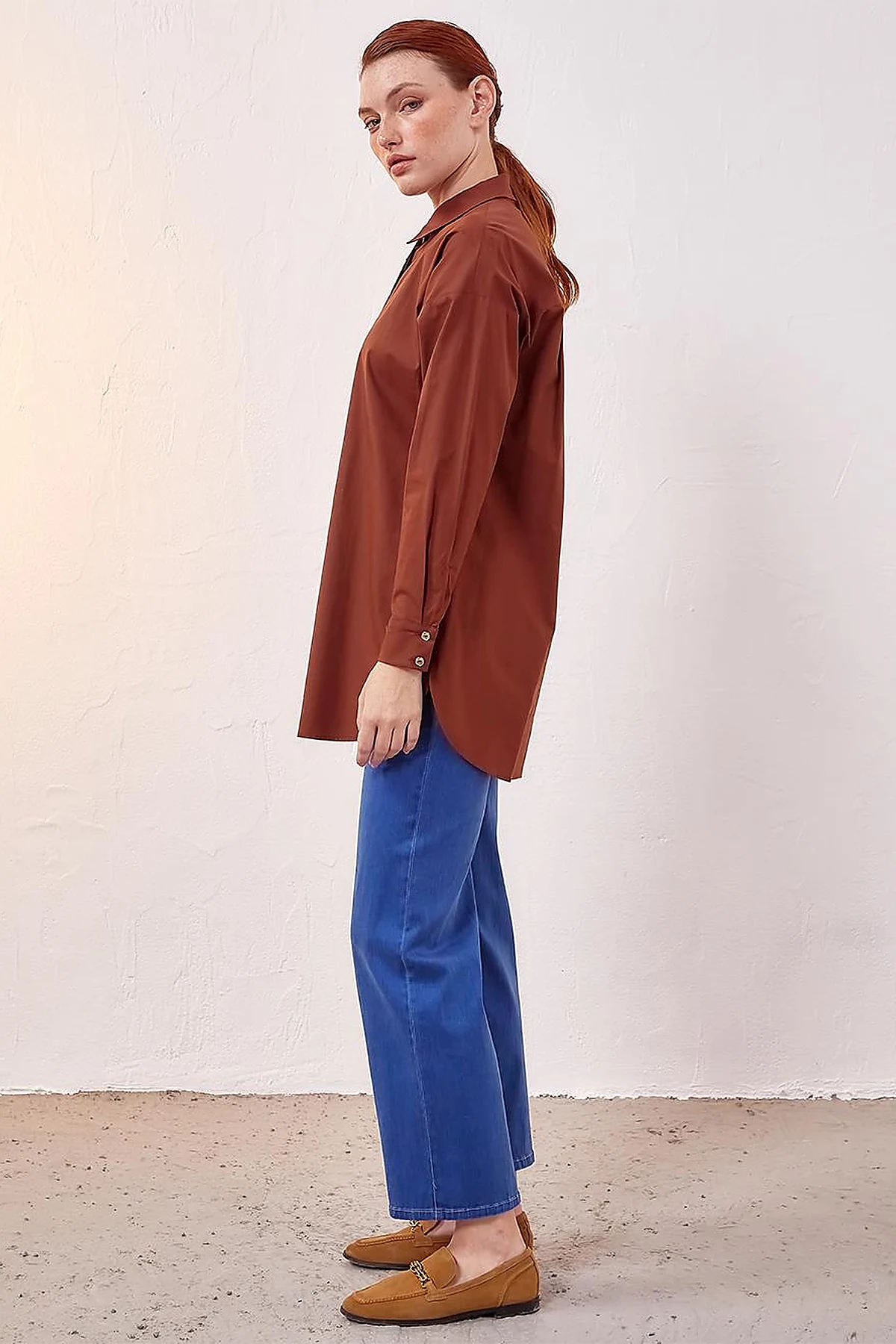 Hidden Placket Basic Tunic Red Brown