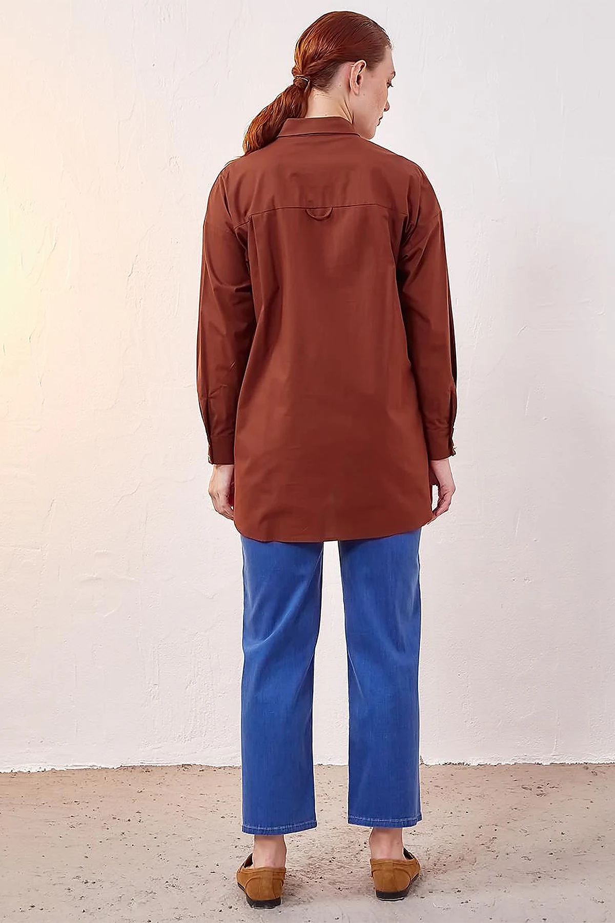 Hidden Placket Basic Tunic Red Brown