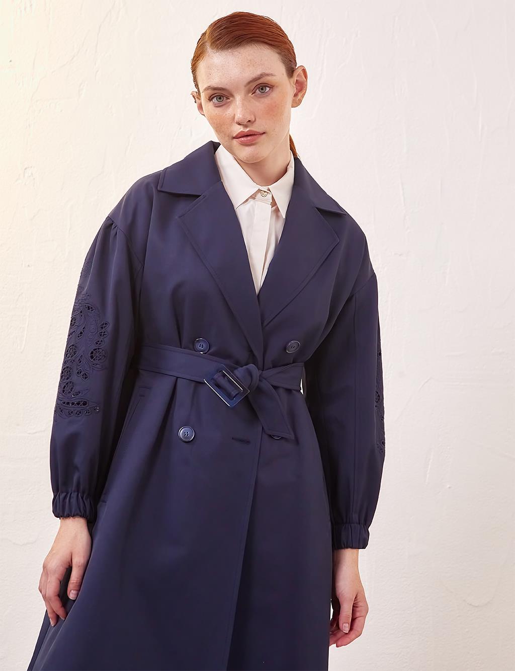 Embroidered Laser Cut Trench Coat Dark Navy