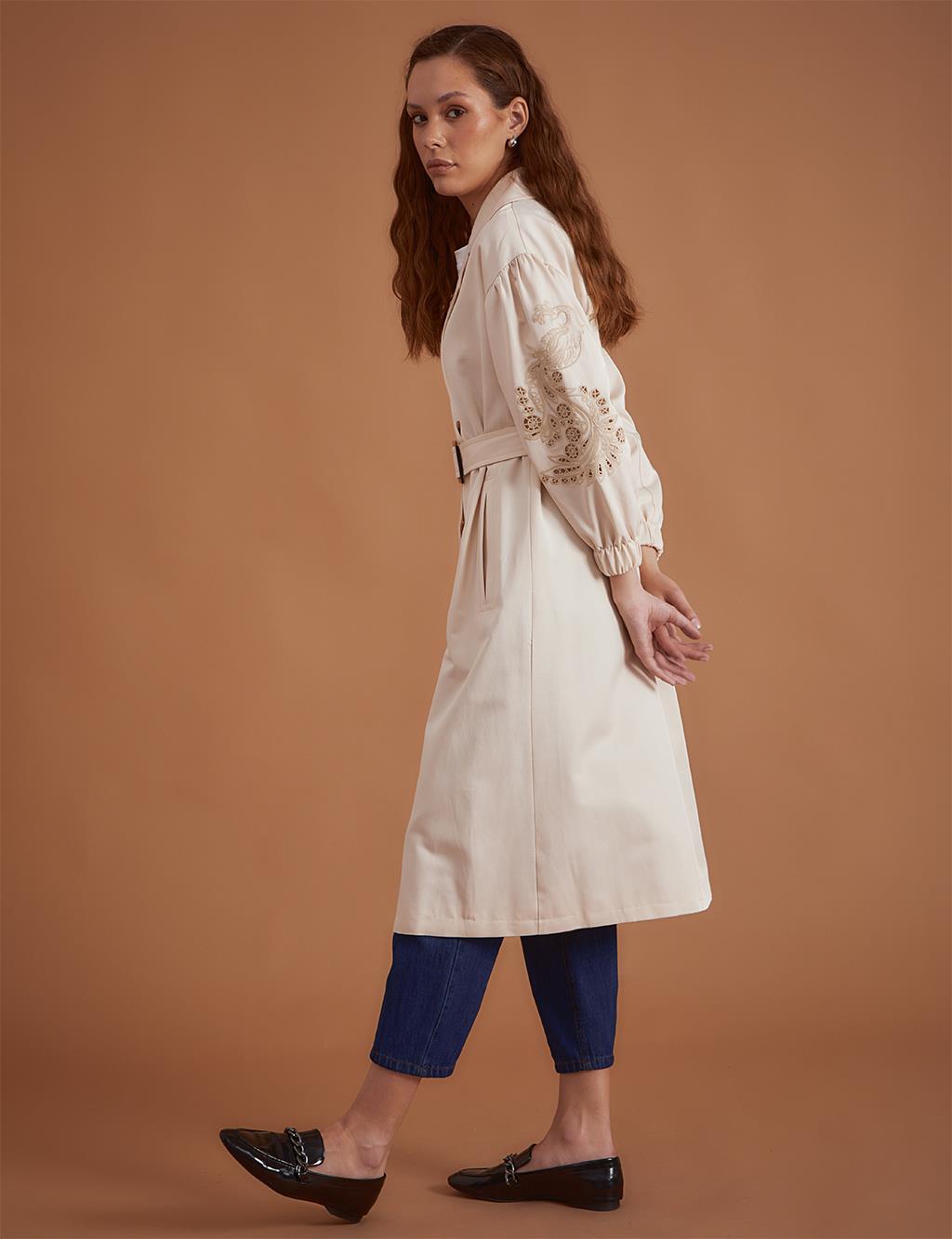 Embroidered Laser Cut Trench Coat Light Cream