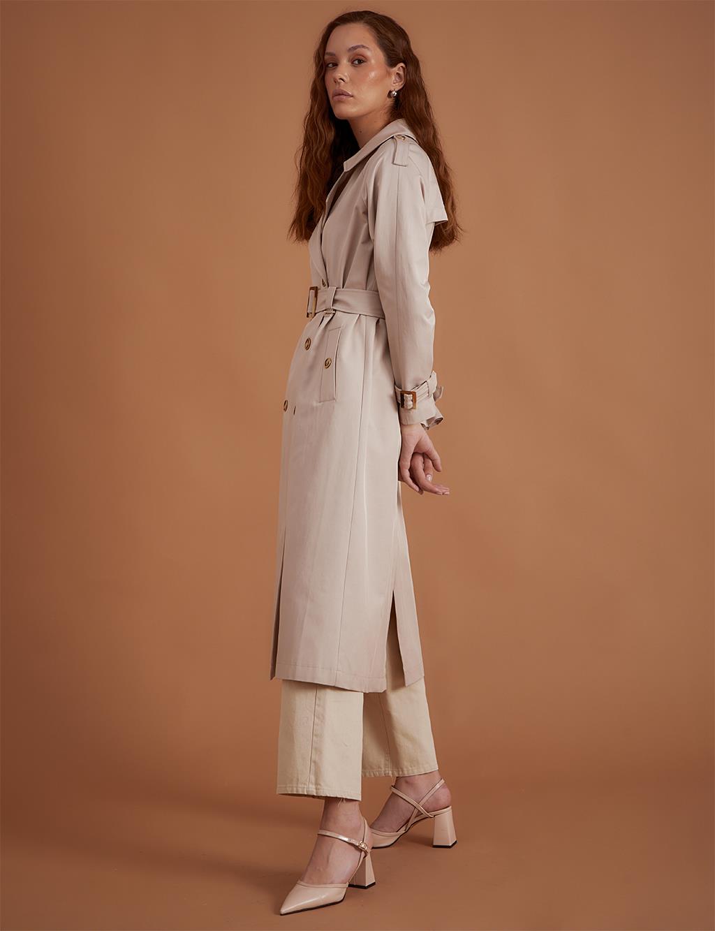 Bone Button Belted Trench Coat Stone