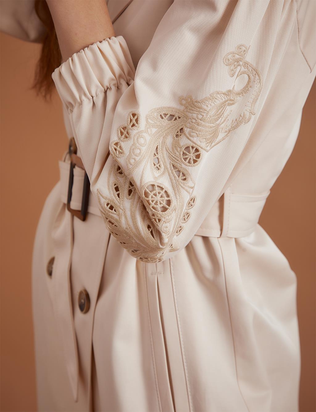 Embroidered Laser Cut Trench Coat Light Cream