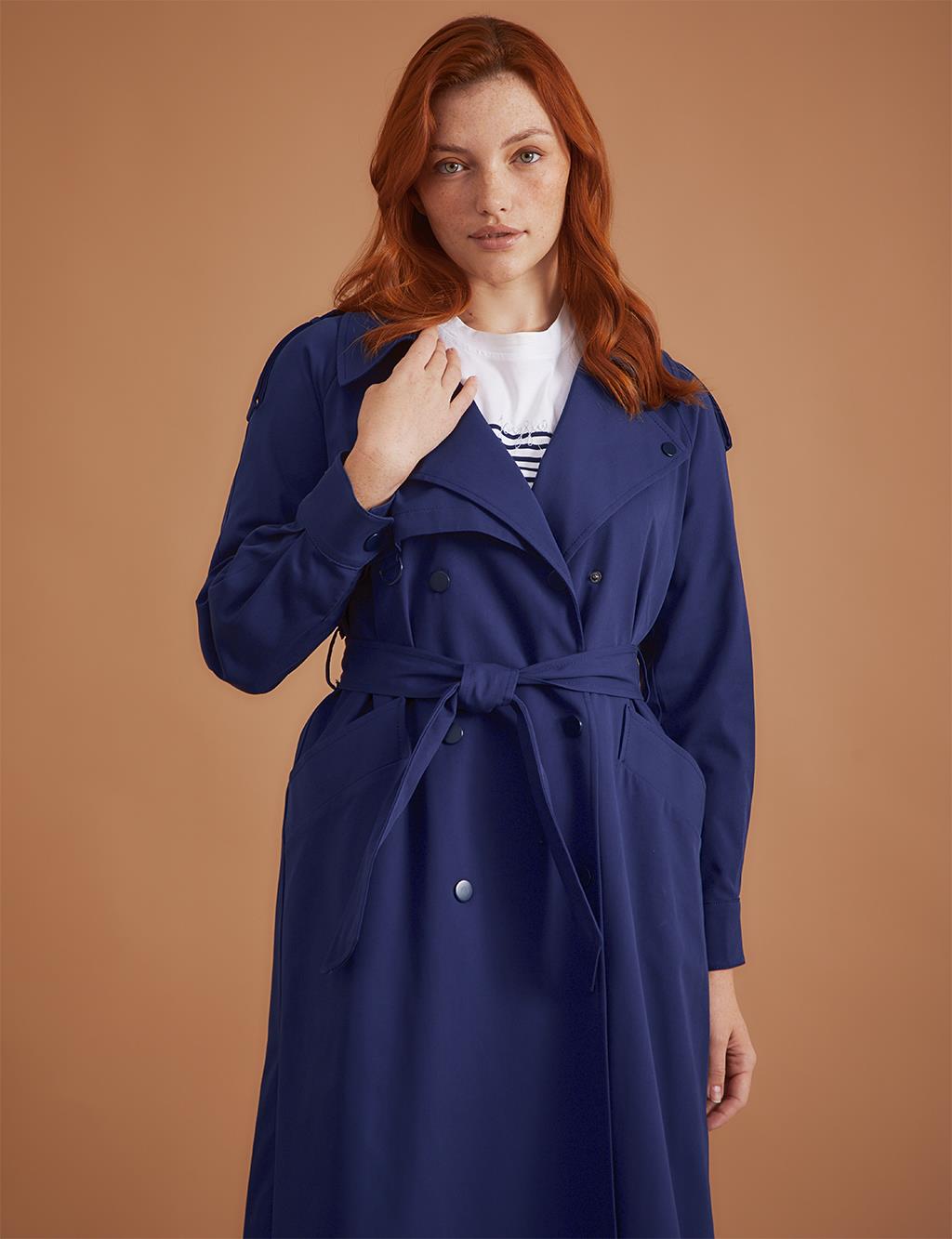 Belted Snap-On Trench Coat Dark Navy