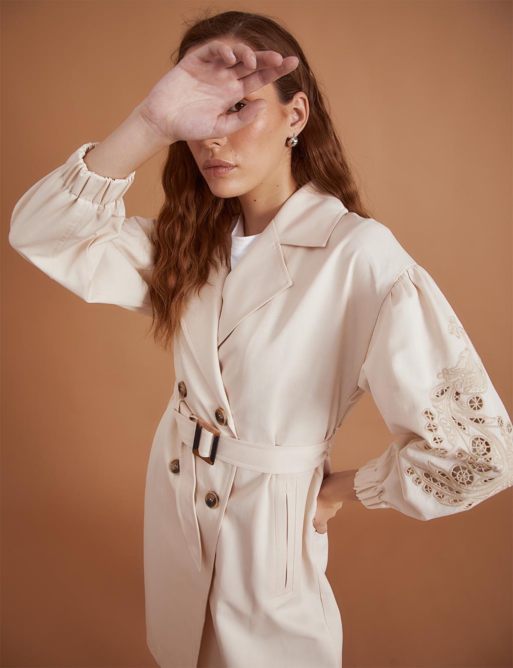 Embroidered Laser Cut Trench Coat Light Cream