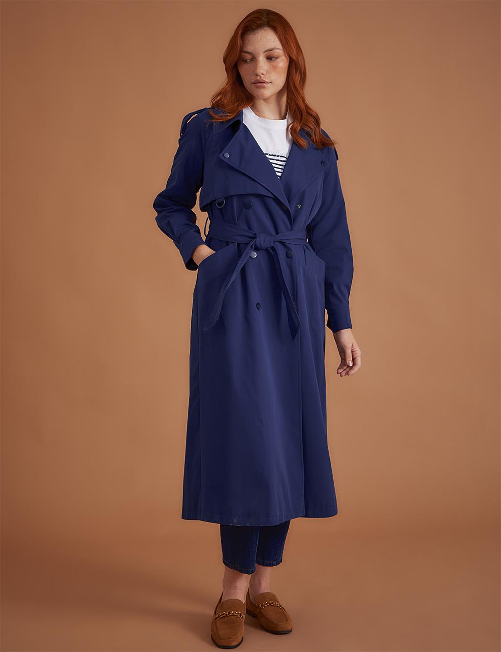 Belted Snap-On Trench Coat Dark Navy