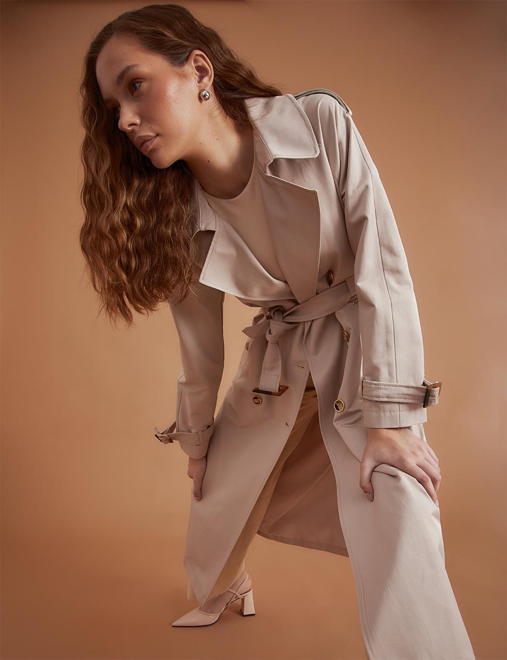 Bone Button Belted Trench Coat Stone