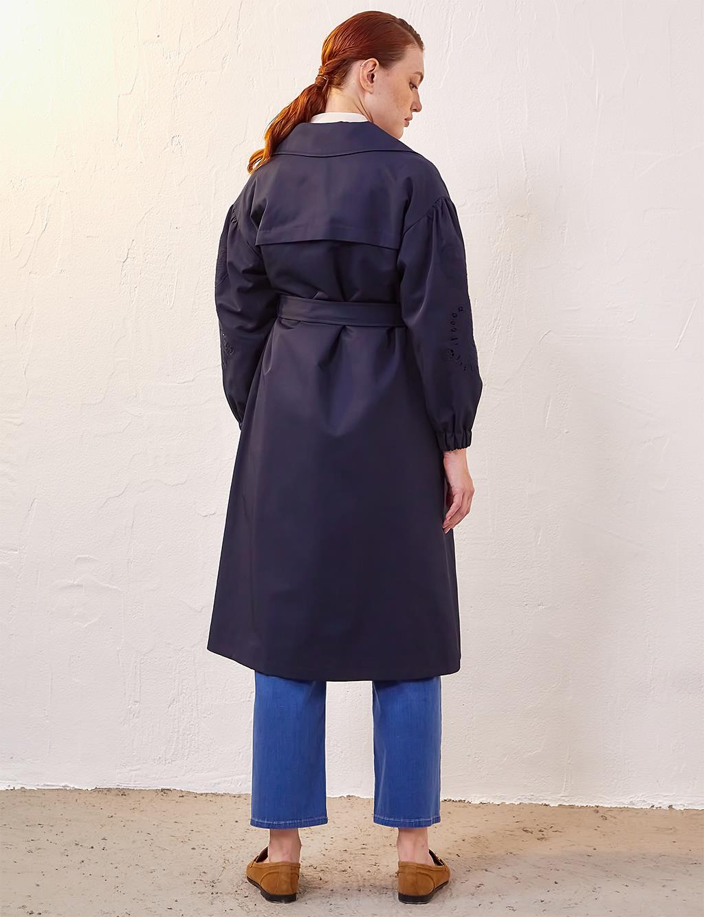Embroidered Laser Cut Trench Coat Dark Navy