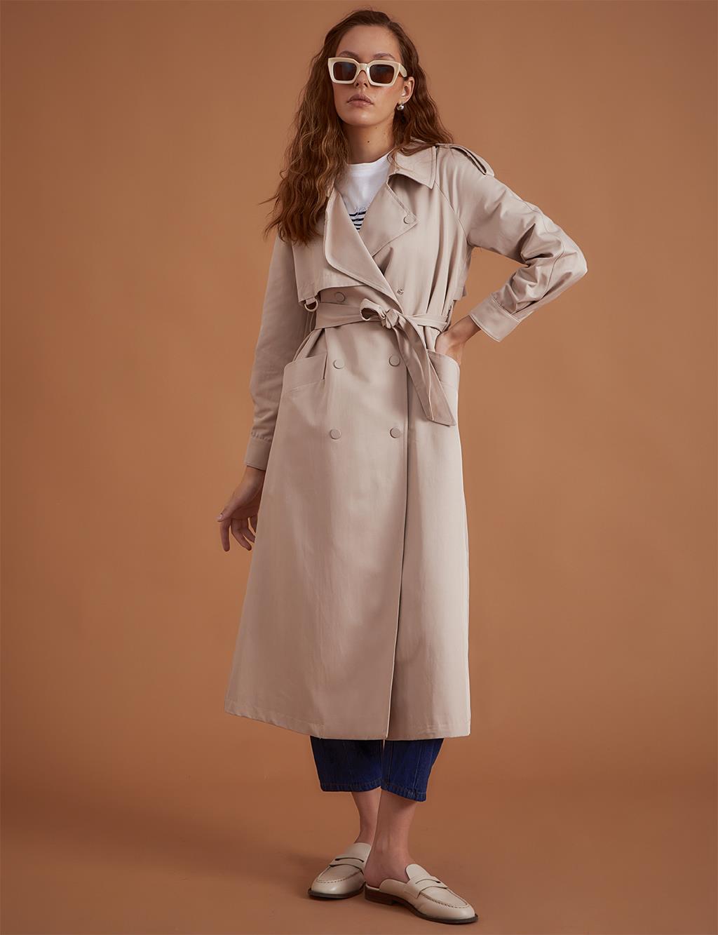 Belted Snap-On Trench Coat Stone