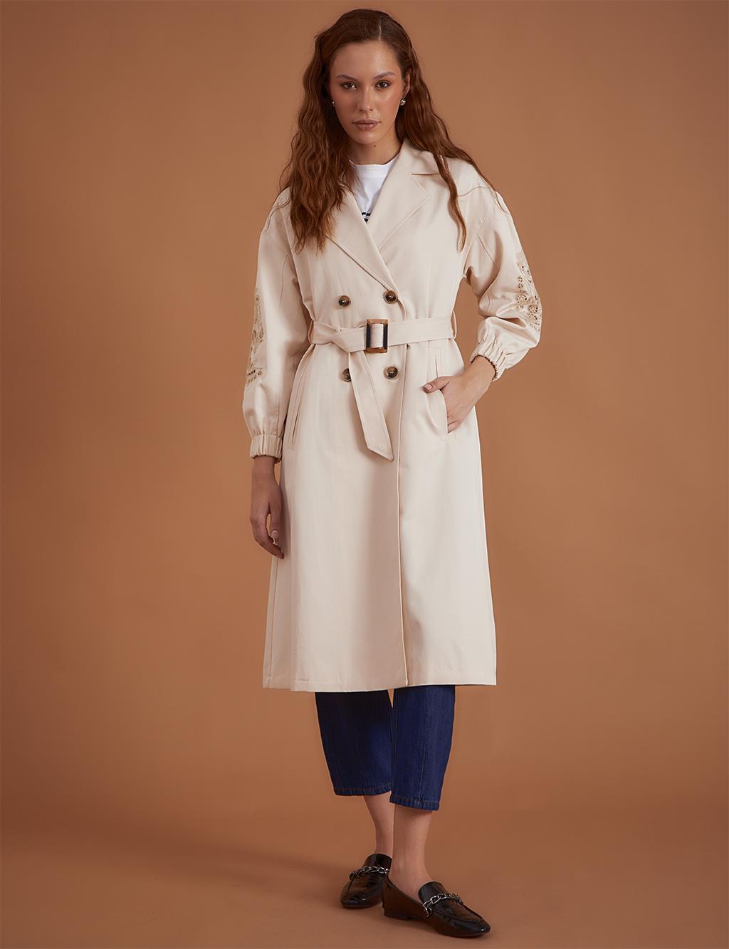 Embroidered Laser Cut Trench Coat Light Cream